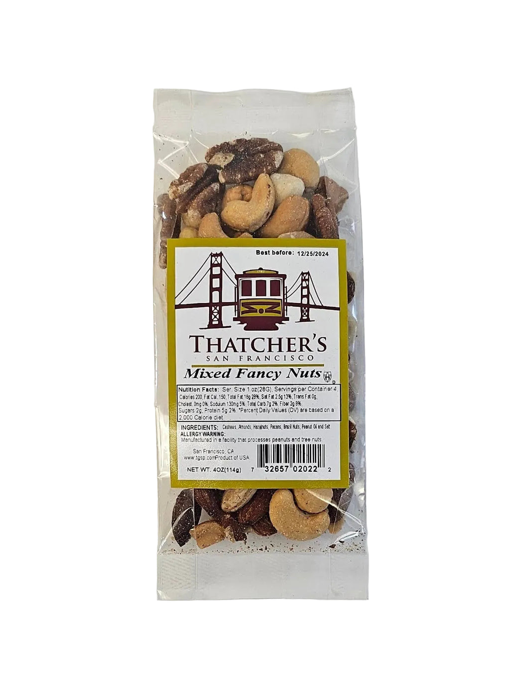 Thatcher's Extra Fancy Mixed Nuts in a 4oz package, featuring a variety of premium nuts from Thatcher's Gourmet Popcorn.