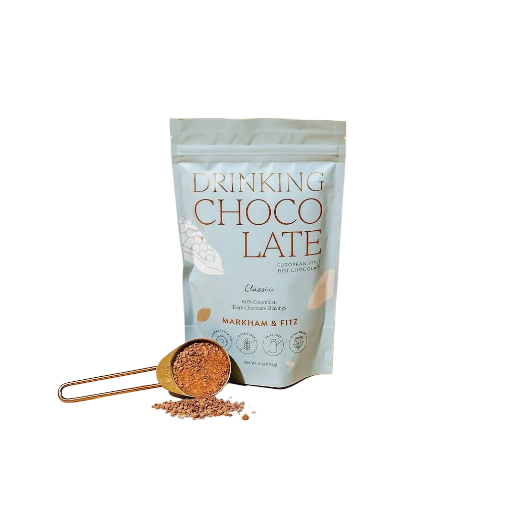 Bar of Markham & Fitz Classic 60% Drinking Chocolate with smooth, dark chocolate surface in pantry staple packaging