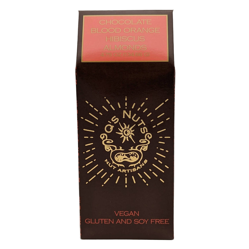 Chocolate blood orange hibiscus almonds snack by Q's Nuts, LLC with almonds coated in chocolate infused with blood orange and hibiscus.