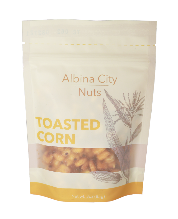 Package of Albina City Nuts toasted corn on a white background