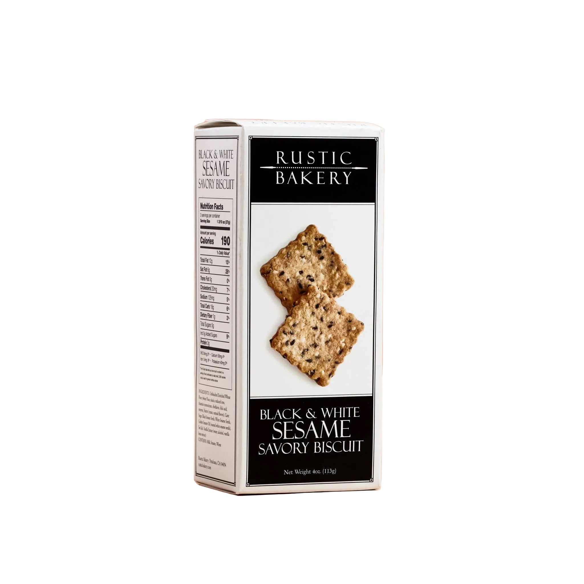 Rustic Bakery black and white sesame biscuit, crispy snack with sesame seeds, on a neutral background.