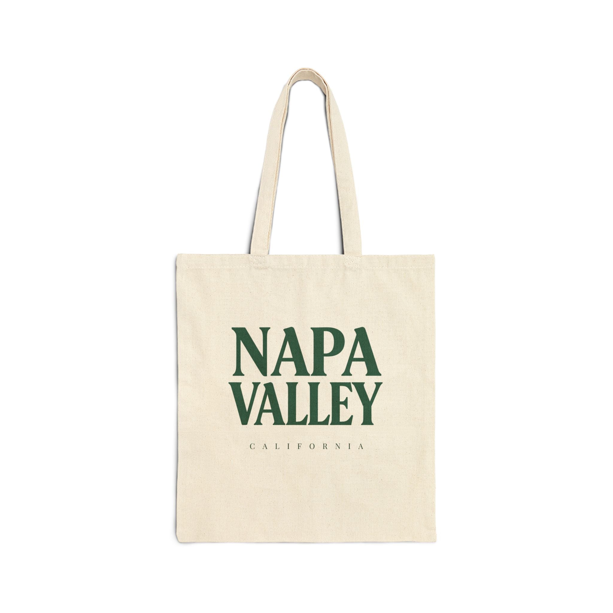 Beige tote bag with 'Napa Valley California' text on a white background