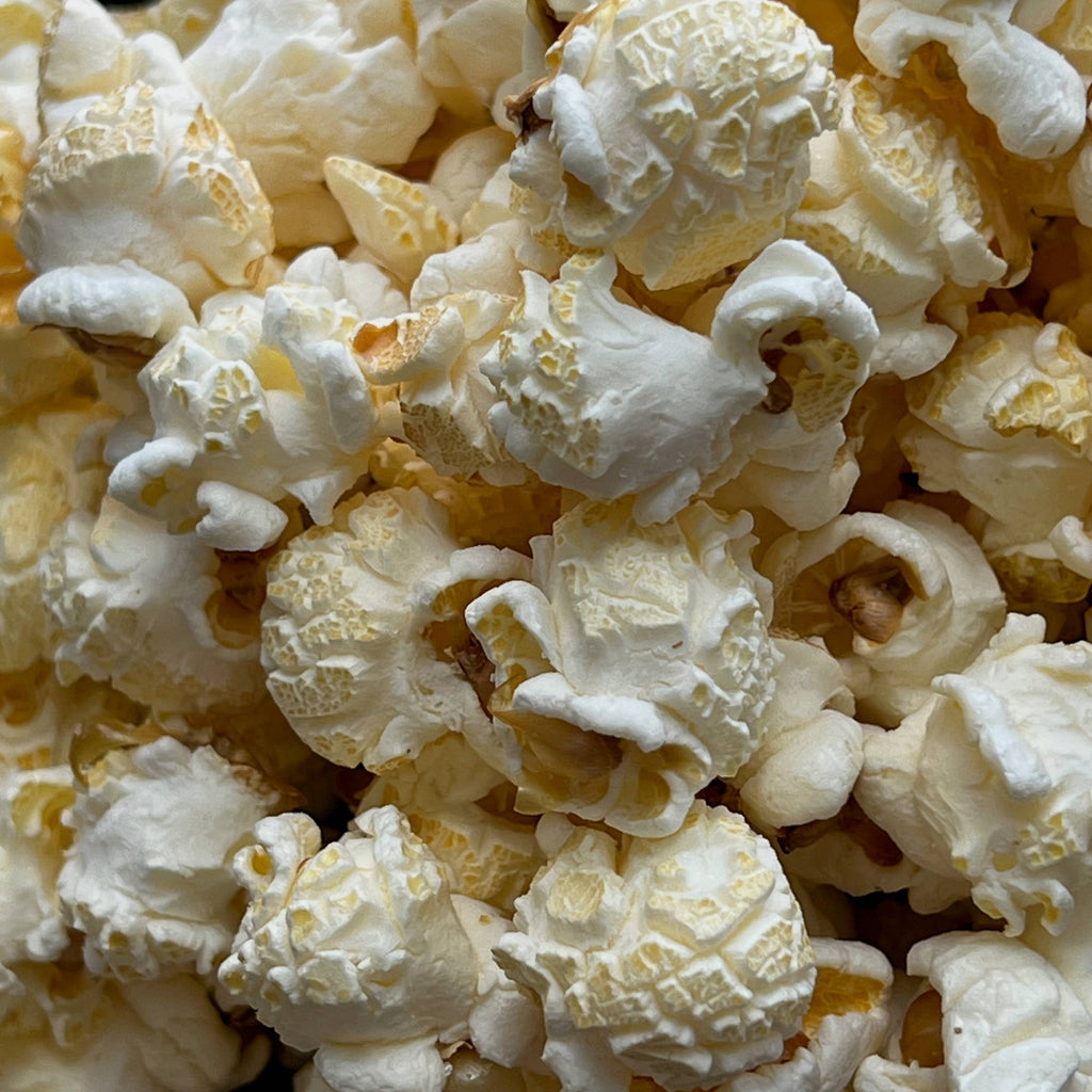 Popped Naked with Sea Salt artisan popcorn in a clear bag, showcasing fluffy popcorn sprinkled with sea salt.