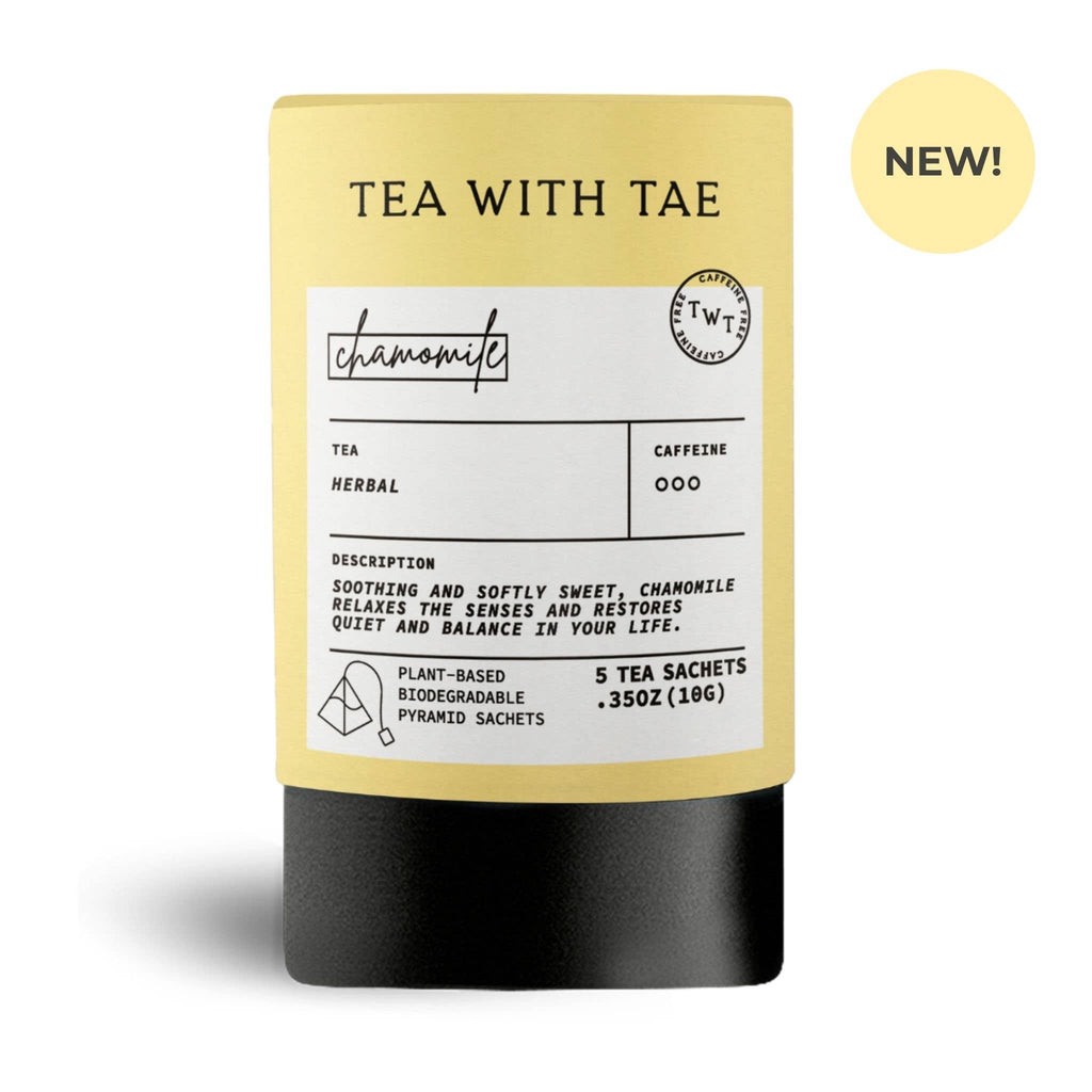 Mini chamomile tea tube by Tea with Tae with five tea bags, featuring a colorful, compact packaging for soothing herbal tea.