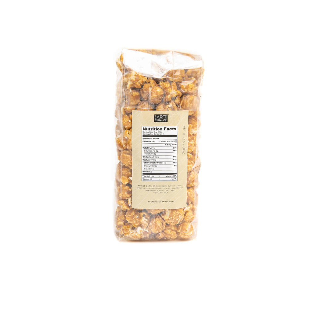 Vanilla Salted Caramel snack from The Art of Caramel, 4 oz bag, featuring caramel pieces with vanilla flavor and salted topping.