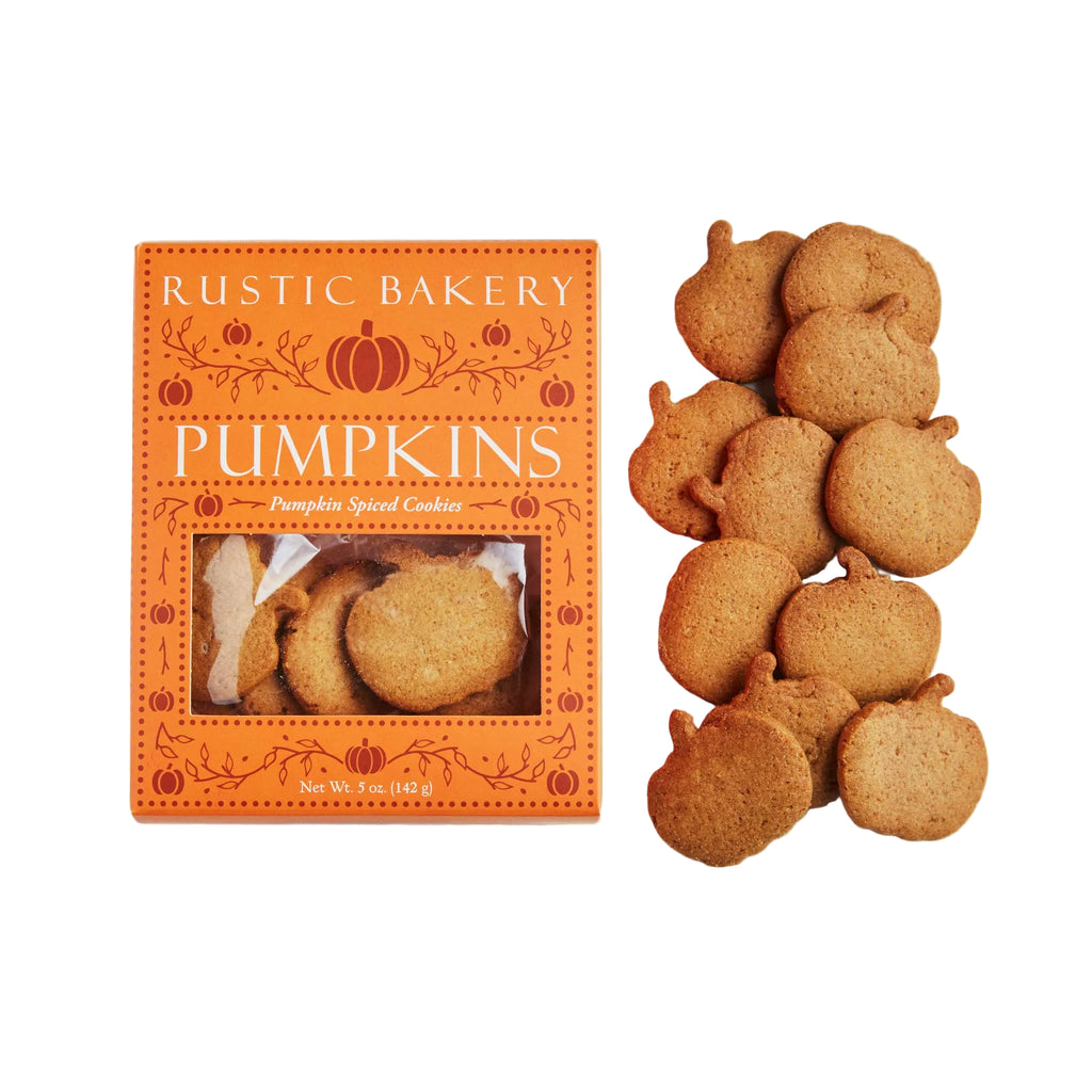 Rustic Bakery Pumpkin cookies displayed next to their orange pumpkin-themed packaging box on a white background.