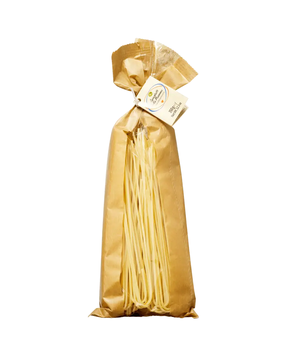 Spaghetti della Mamma pasta from Oil & Vinegar, a pantry staple with long, thin dried spaghetti in a clear package.
