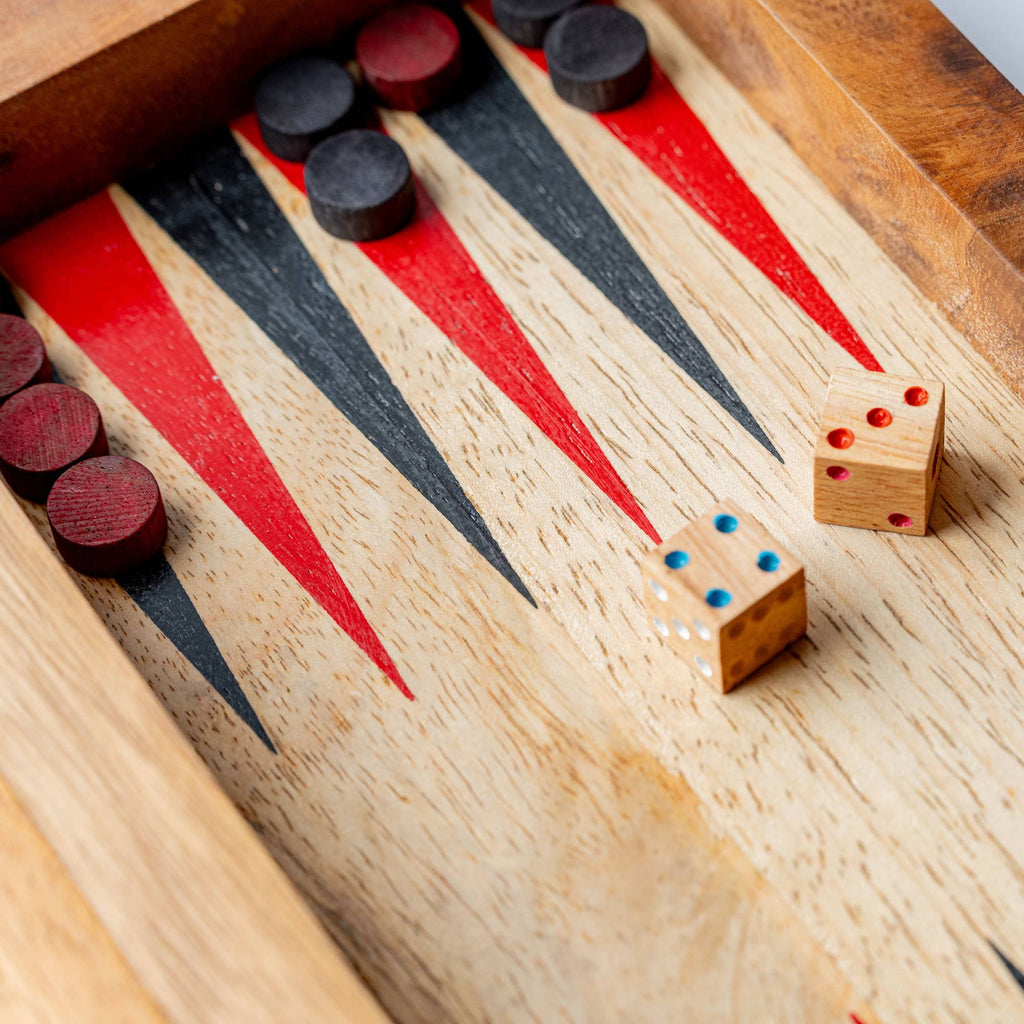Backgammon game set with mango wood surface and checkered design, featuring game pieces and dice for traditional gameplay.