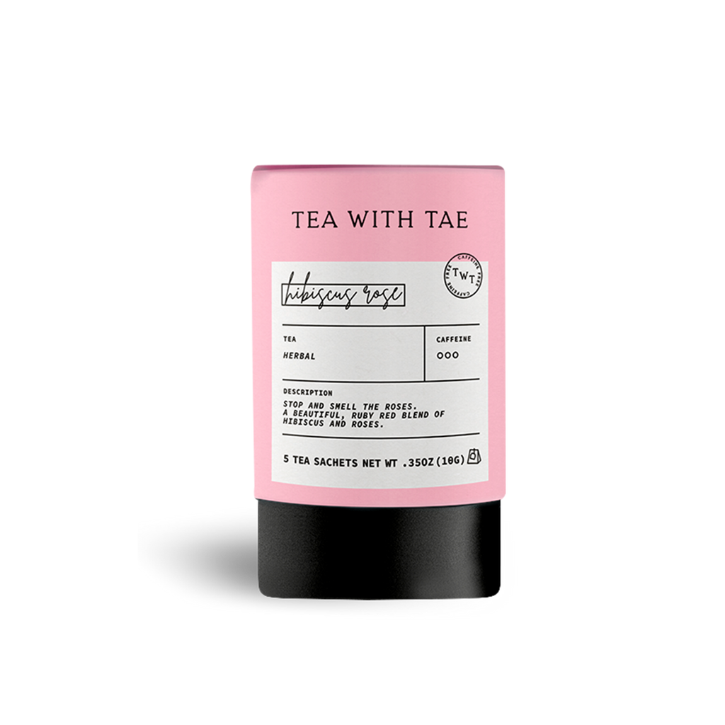 Tea with Tae Hibiscus Rose herbal tea mini tube with 5 tea bags, featuring colorful floral packaging and tea bag tags.