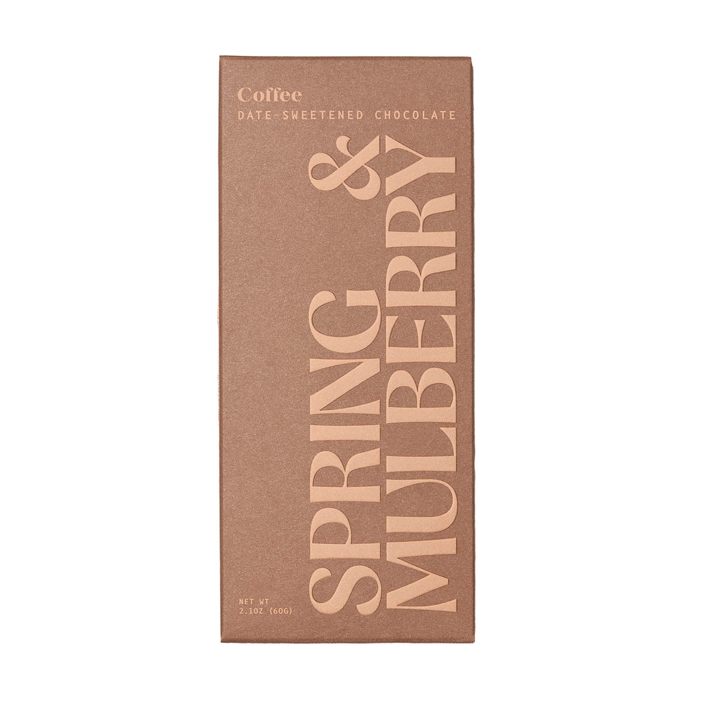 Spring & Mulberry Coffee Date-Sweetened Dark Chocolate bar, rich and smooth with coffee-infused flavor, in a sleek chocolate and candy package.