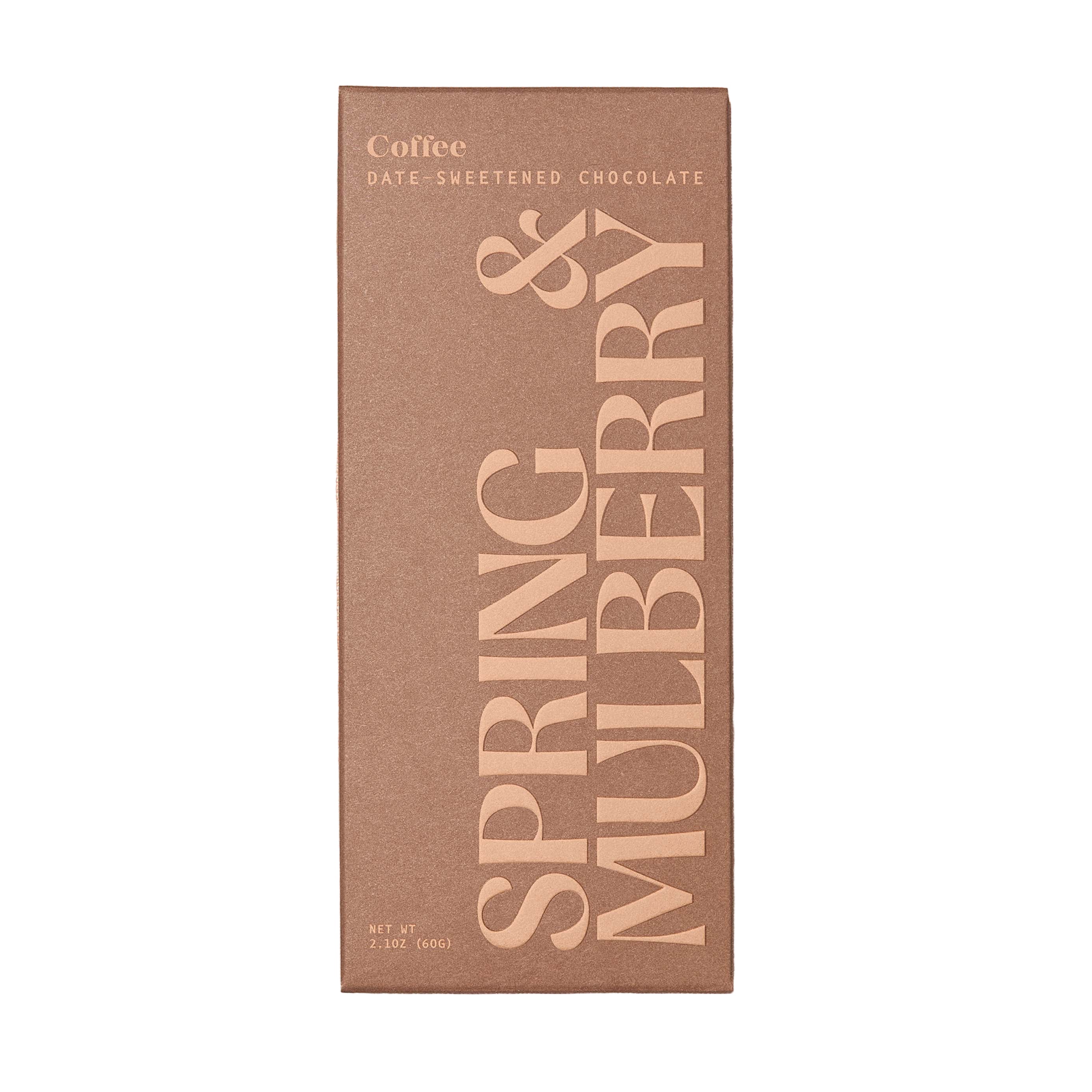 Spring & Mulberry Coffee Date-Sweetened Dark Chocolate bar, rich and smooth with coffee-infused flavor, in a sleek chocolate and candy package.