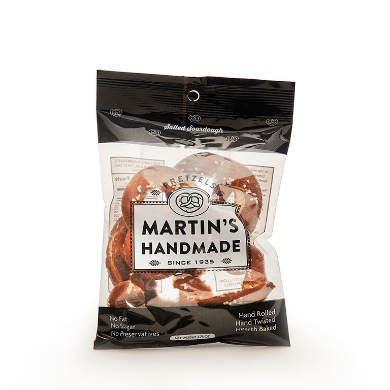 Three bags of Martins Handmade Pretzels Salted Sourdough Snacks in 2.75 oz packages, showcasing golden pretzels with sea salt.
