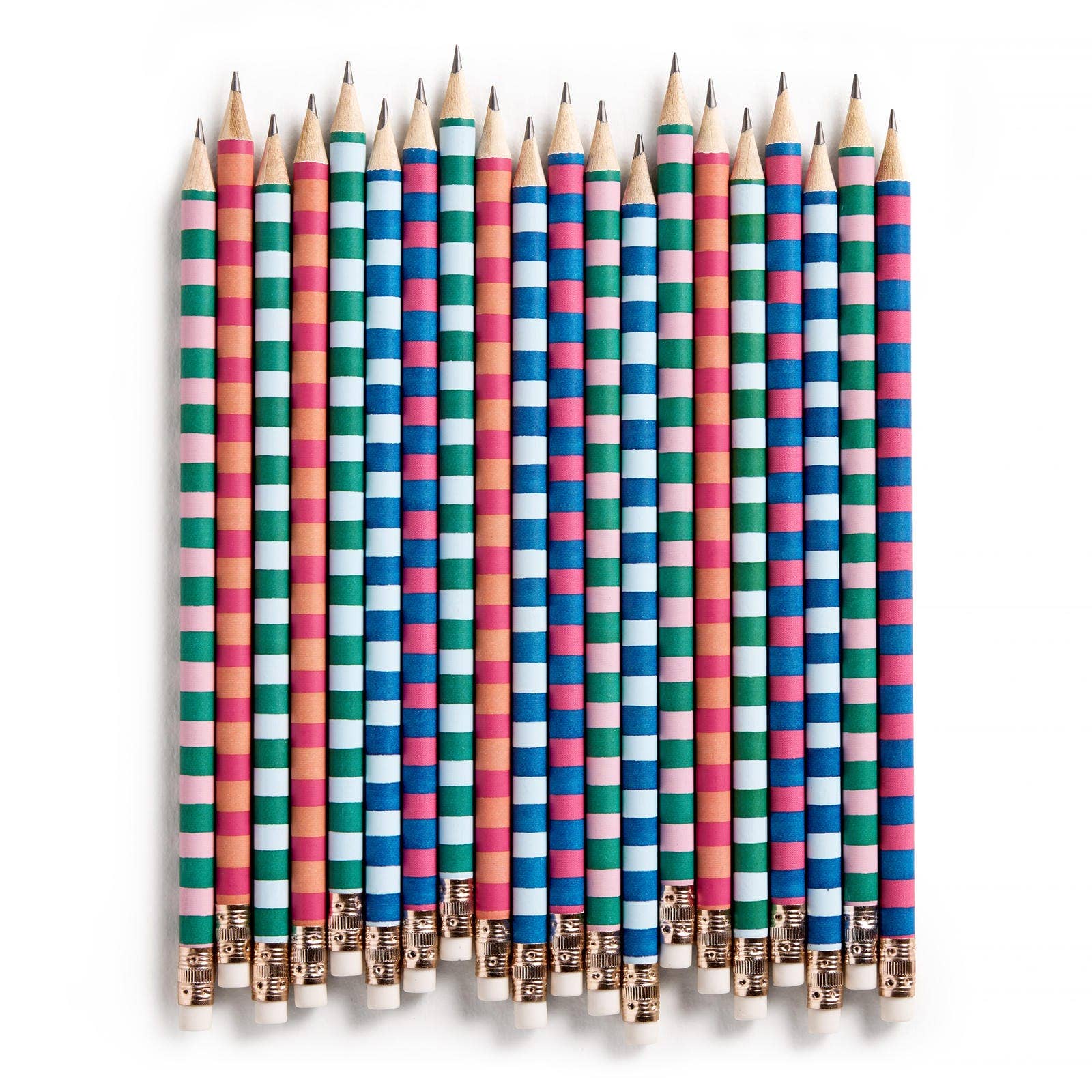 Set of 10 E. Frances Paper varsity stripes pencils with colorful striped design on white paper background.