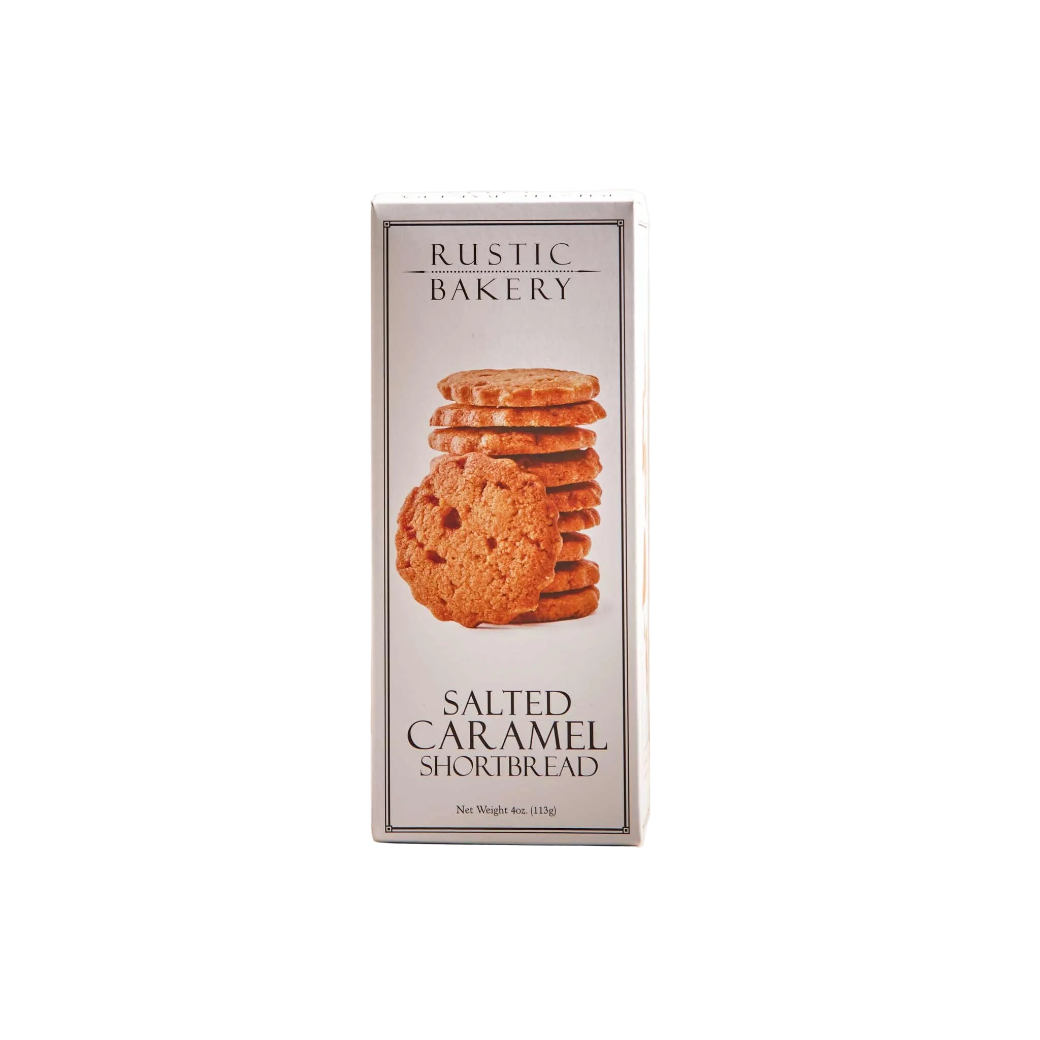 Rustic Bakery salted caramel shortbread cookies with a golden-brown crust and caramel filling, on a rustic plate.