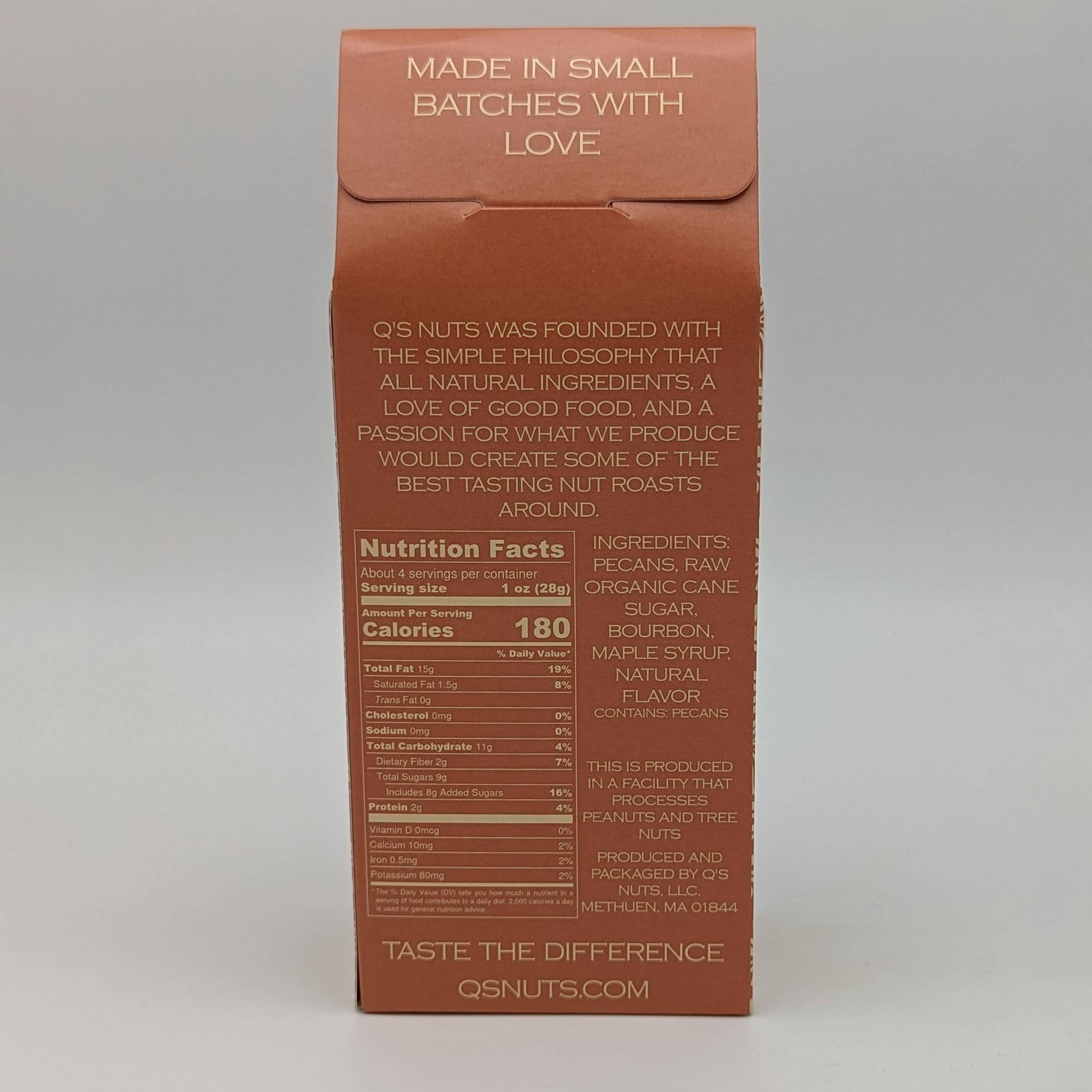 Maple Bourbon Pecans by Q's Nuts, LLC, close-up of glazed pecans coated in sweet maple and bourbon flavor, snack image