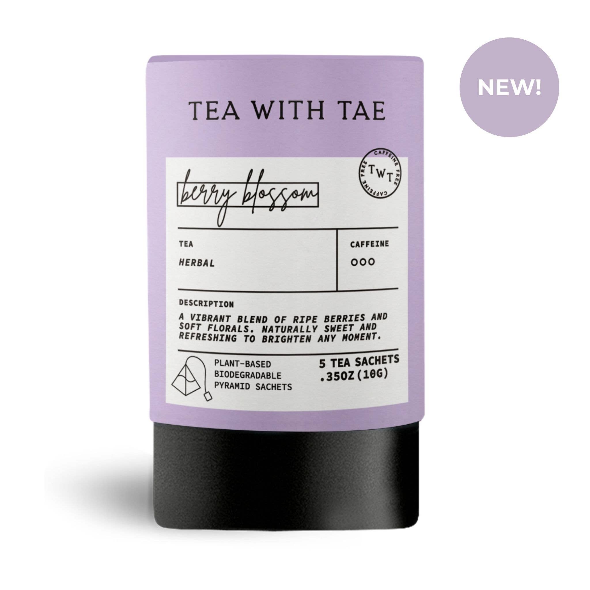 Berry Blossom Herbal Mini Tea Tube from Tea with Tae showing five tea bags in a colorful, decorative package.