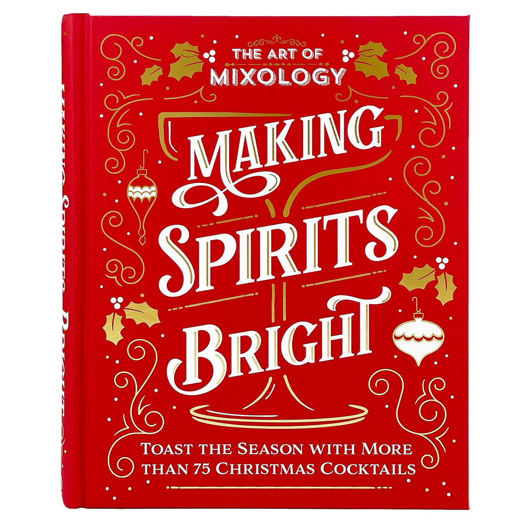 Open book titled "Art of Mixology" showing colorful Christmas cocktail recipes on pages, by Cottage Door Press.