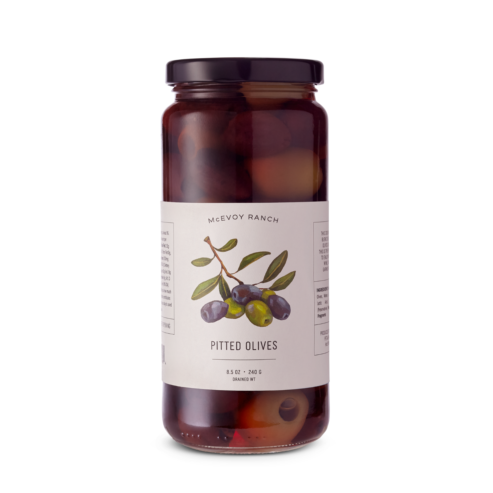 Unpitted table olives in a jar, McEvoy Ranch condiment, 8.5 oz, showcasing glossy, dark olives ready to be served or used in recipes.