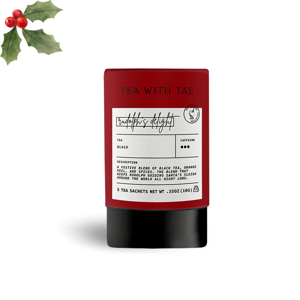 Tea with Tae Rudolph's Delight Holiday Mini Tube gift containing five snack-sized tea bags for festive sipping.