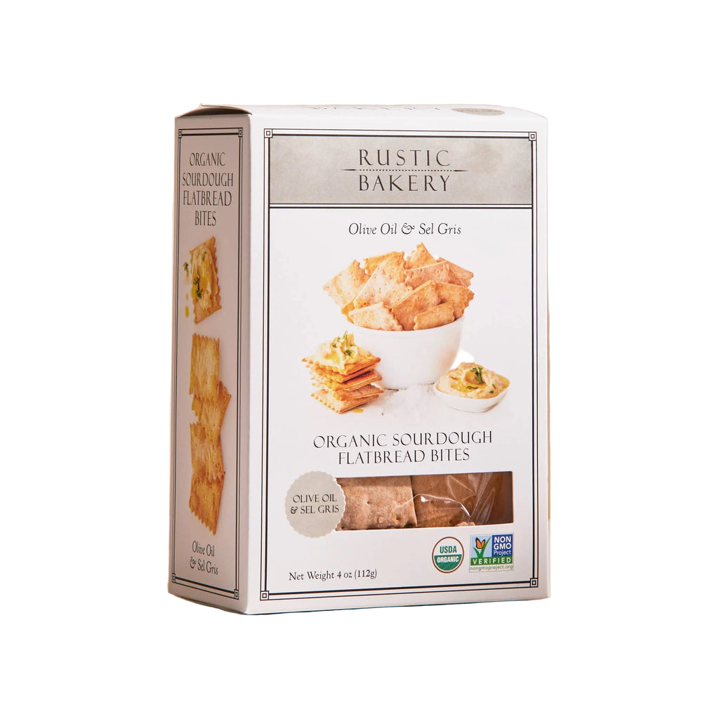 Rustic Bakery Olive Oil & Sel Gris Crackers in a rustic box, showcasing golden-brown crackers with sea salt and olive oil flavor.