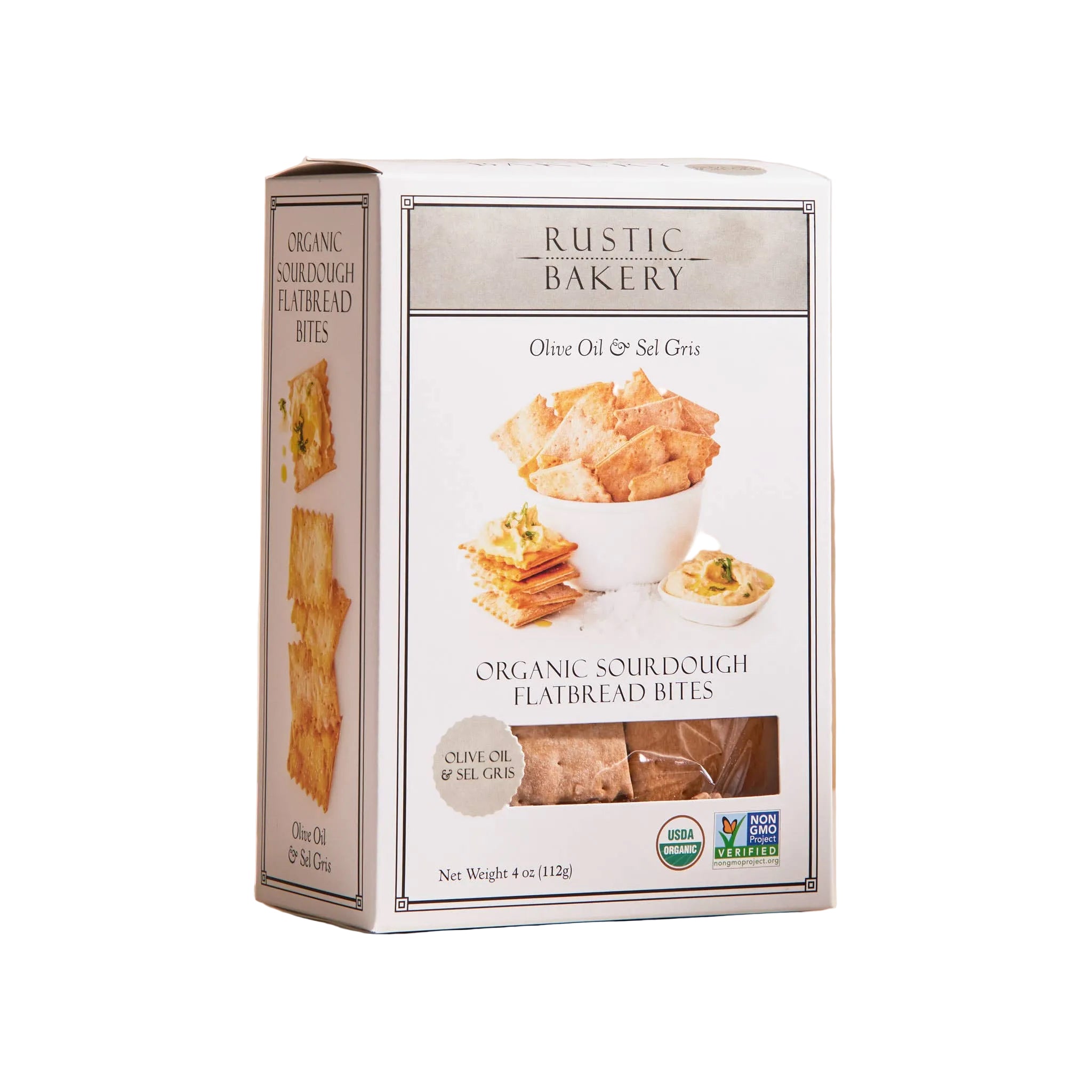 Rustic Bakery Olive Oil & Sel Gris Crackers in a rustic box, showcasing golden-brown crackers with sea salt and olive oil flavor.