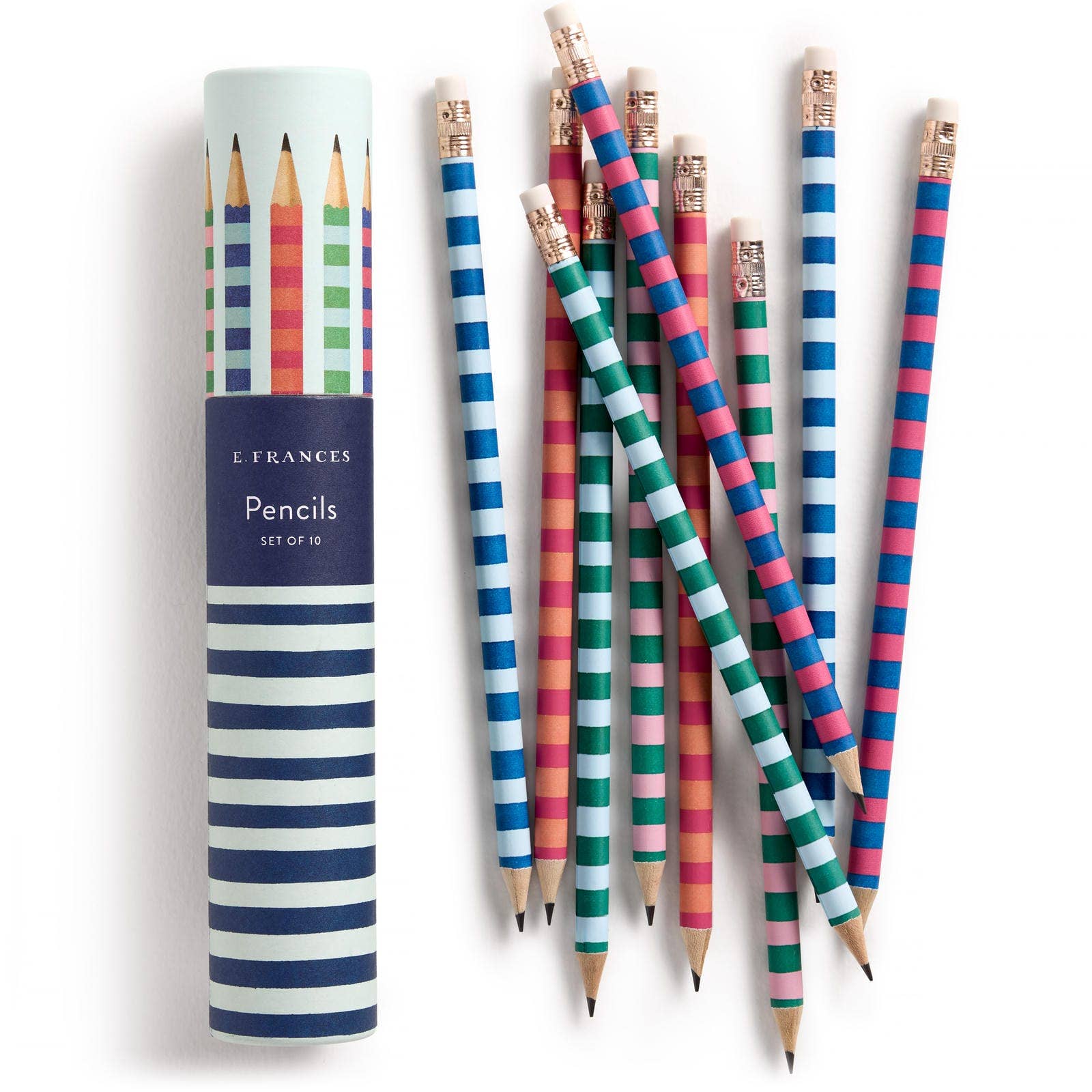 Set of 10 E. Frances Paper varsity stripes pencils with colorful striped paper covers, arranged in a neat pile.