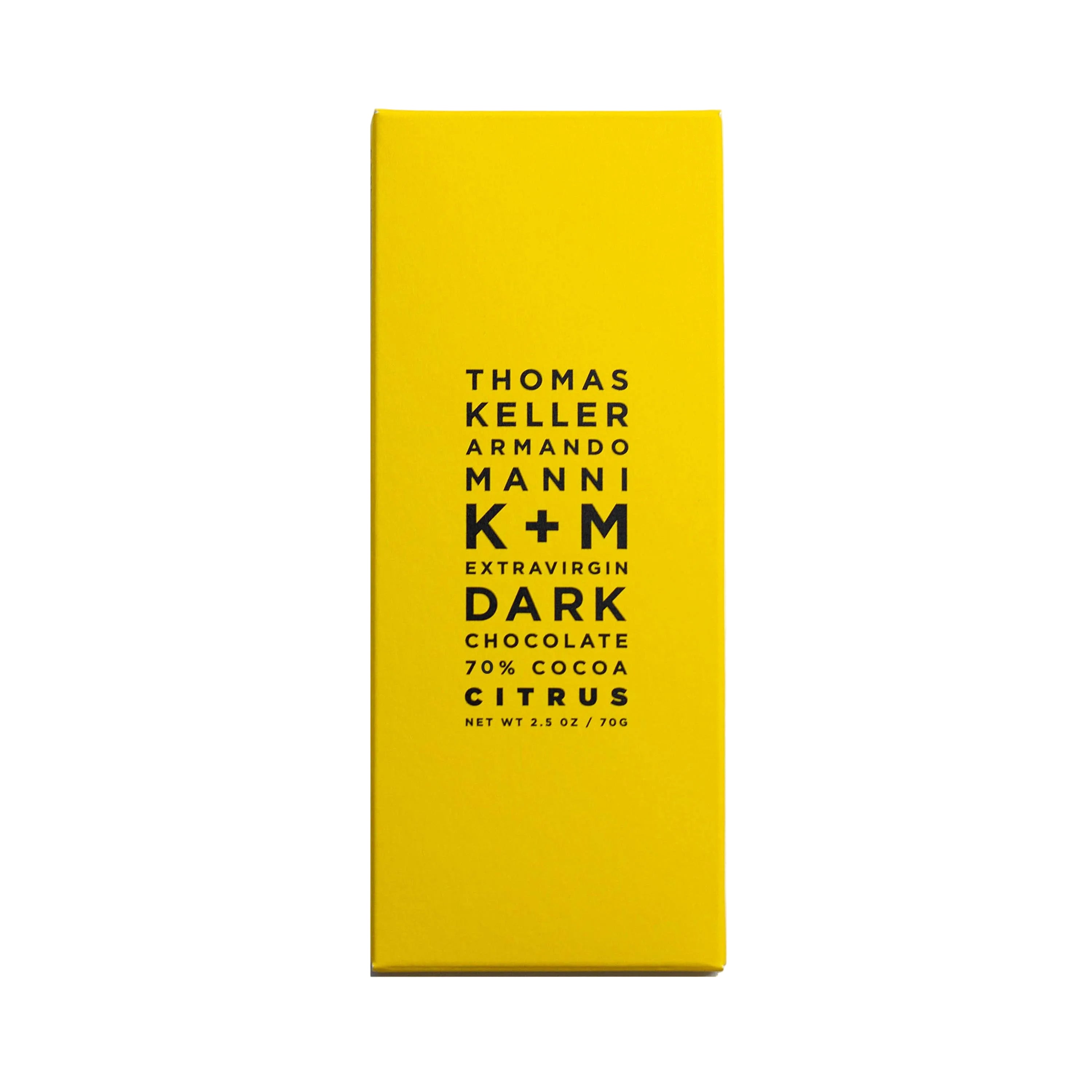 K+M Extravirgin 70% dark citrus chocolate in 2.5oz bar with textured citrus peel and rich dark chocolate surface.