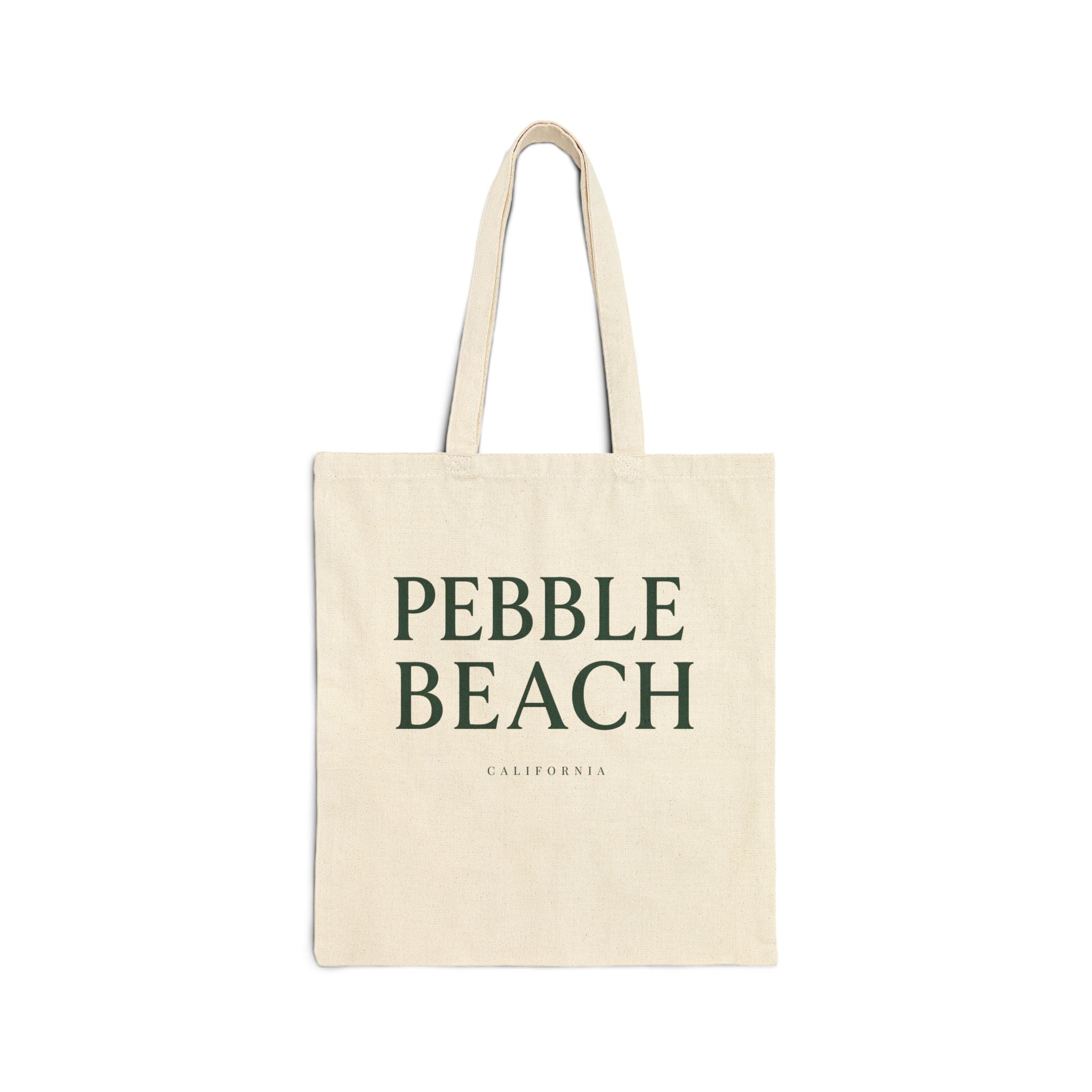 Beige tote bag with 'Pebble Beach California' text on a white background