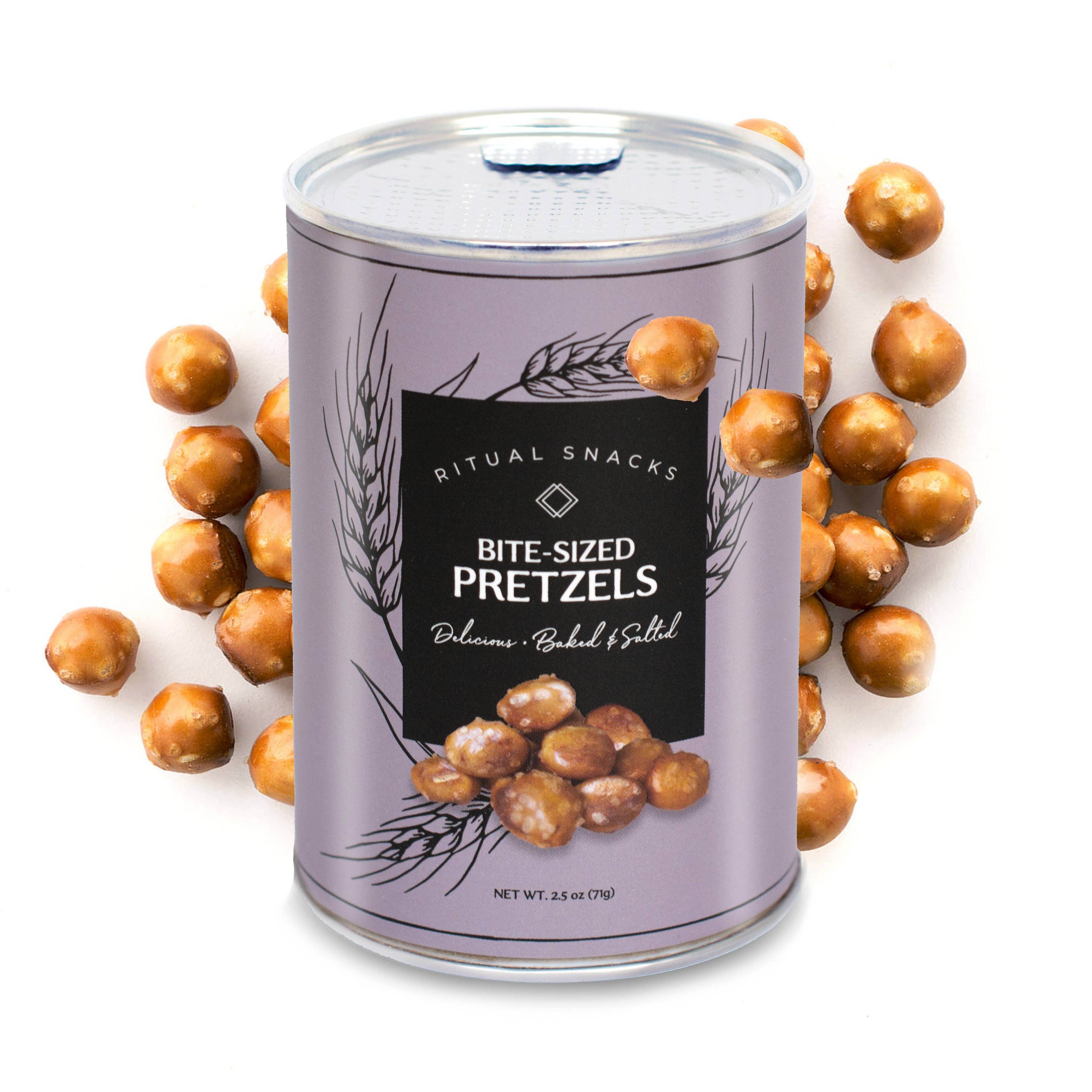Bite-sized Ritual Snacks pretzels in a clear bowl, showcasing golden, crunchy pretzels from In-Room Plus on a neutral background.