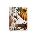 Box of pumpkin spice crisps with autumnal design on a beige background