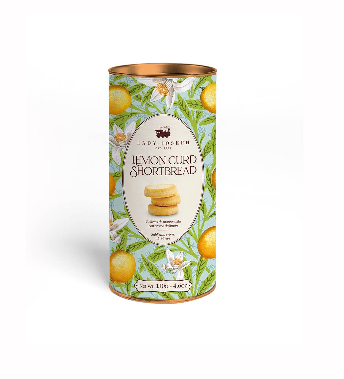 Lady Joseph Lemon Curd Shortbread Cookies on a white plate with lemon slices, showcasing golden-brown, crumbly cookies.