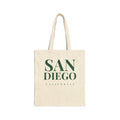 Beige tote bag with 'San Diego California' text in green on a white background