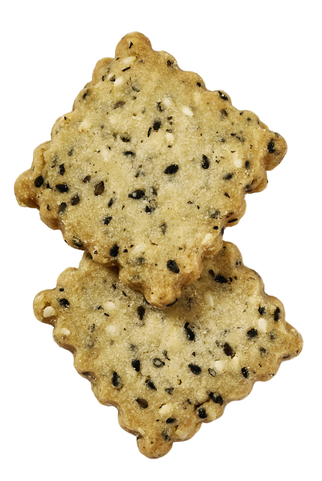 Rustic Bakery black and white sesame biscuit, close-up of crispy snack with sesame seeds on top, on a neutral background