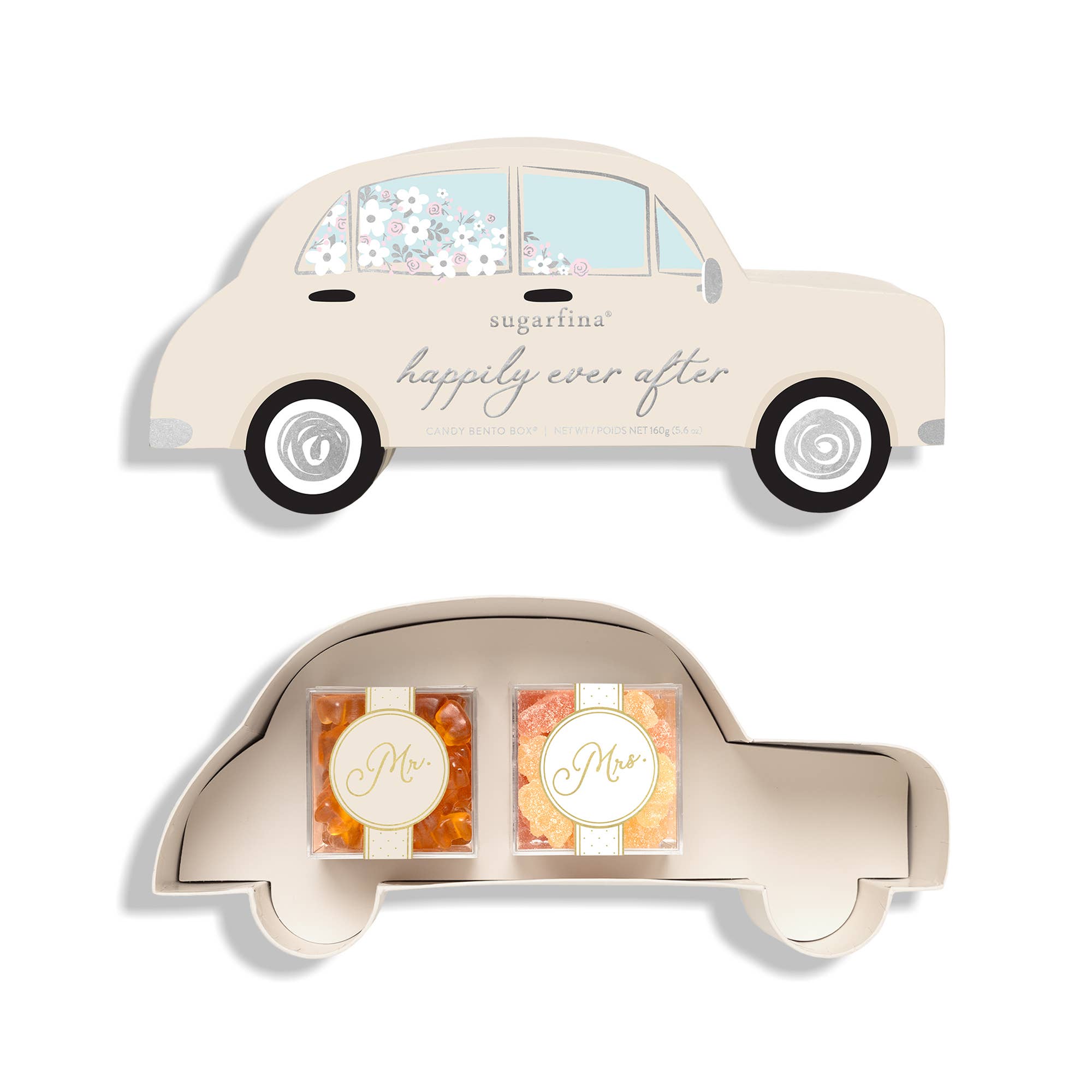 Sugarfina Mr. & Mrs. Happily Ever After 2pc chocolate and candy wedding bento kit with themed packaging and elegant design.