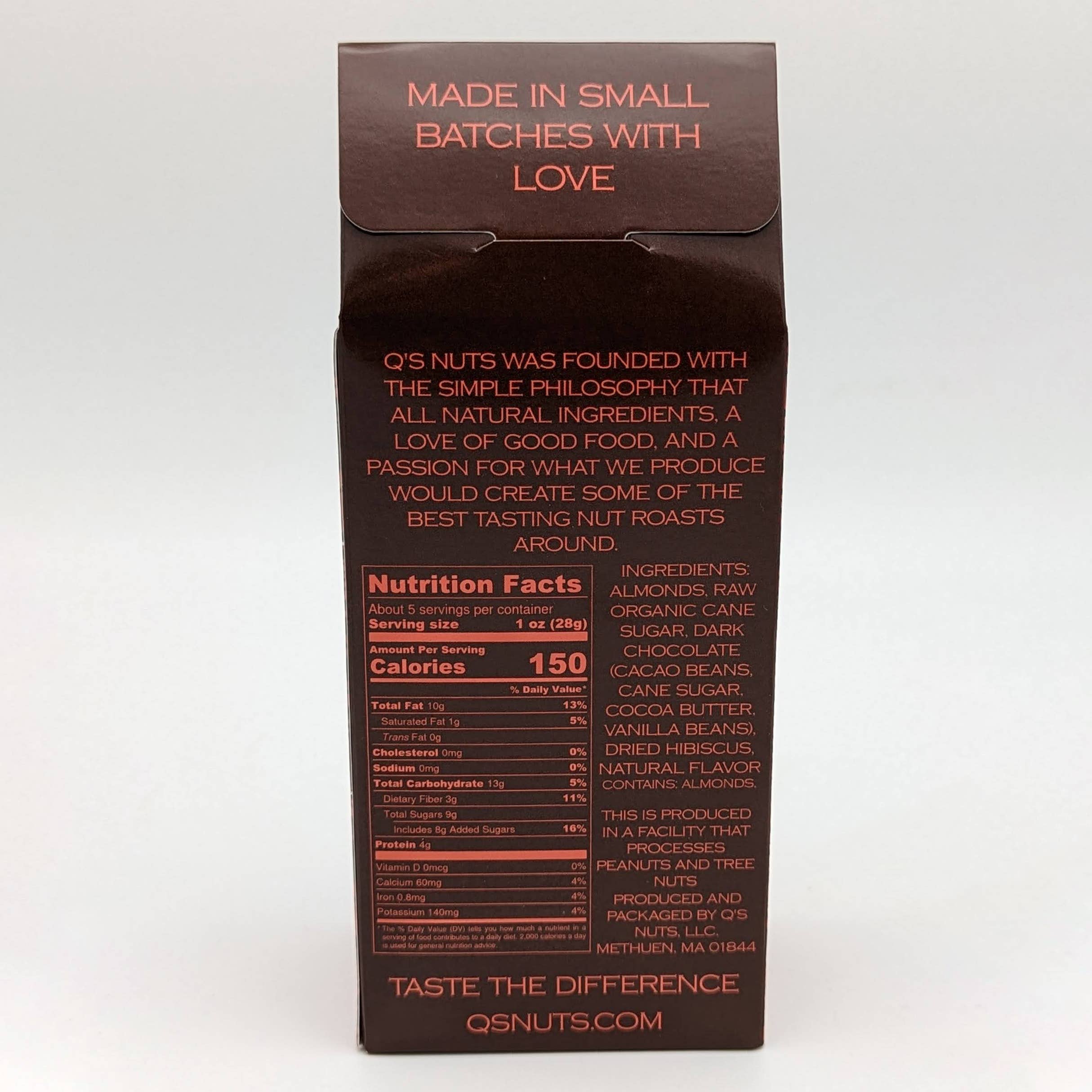 Chocolate blood orange hibiscus almonds snack by Q's Nuts, LLC with visible almonds coated in chocolate and colorful hibiscus pieces.