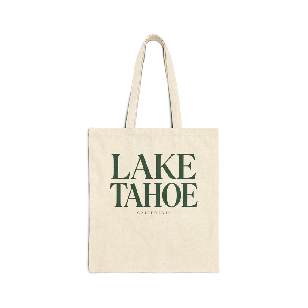 Beige tote bag with 'Lake Tahoe, California' text on a white background