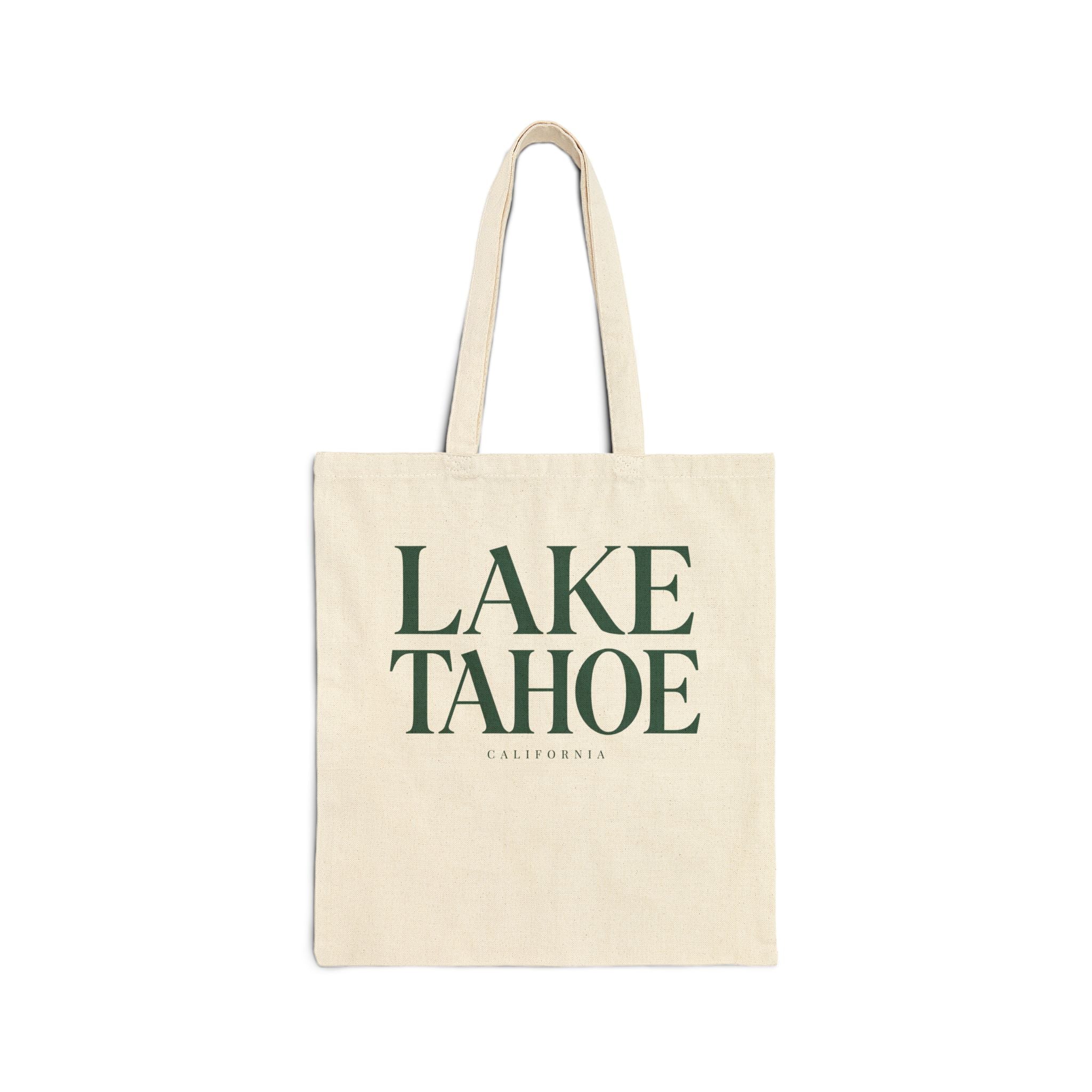 Beige tote bag with 'Lake Tahoe, California' text on a white background