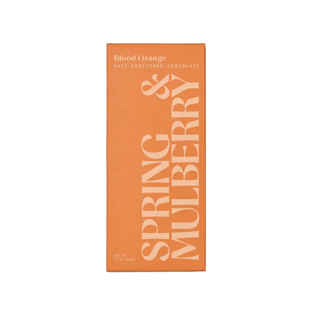 Blood orange-flavored dark chocolate from Spring & Mulberry, featuring a rich, smooth chocolate with vibrant blood orange accents.