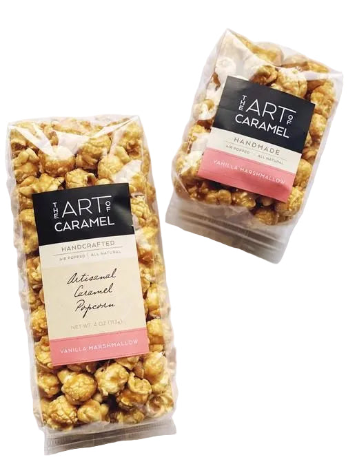 Vanilla marshmallow caramel popcorn from The Art of Caramel, showing fluffy marshmallows coated in caramel and vanilla flavor.