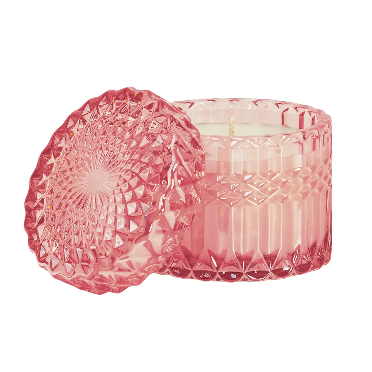 Pink Bellini crystal candle from Poppins & Post, gift-wrapped in elegant packaging, showcasing a delicate pink hue and decorative details.