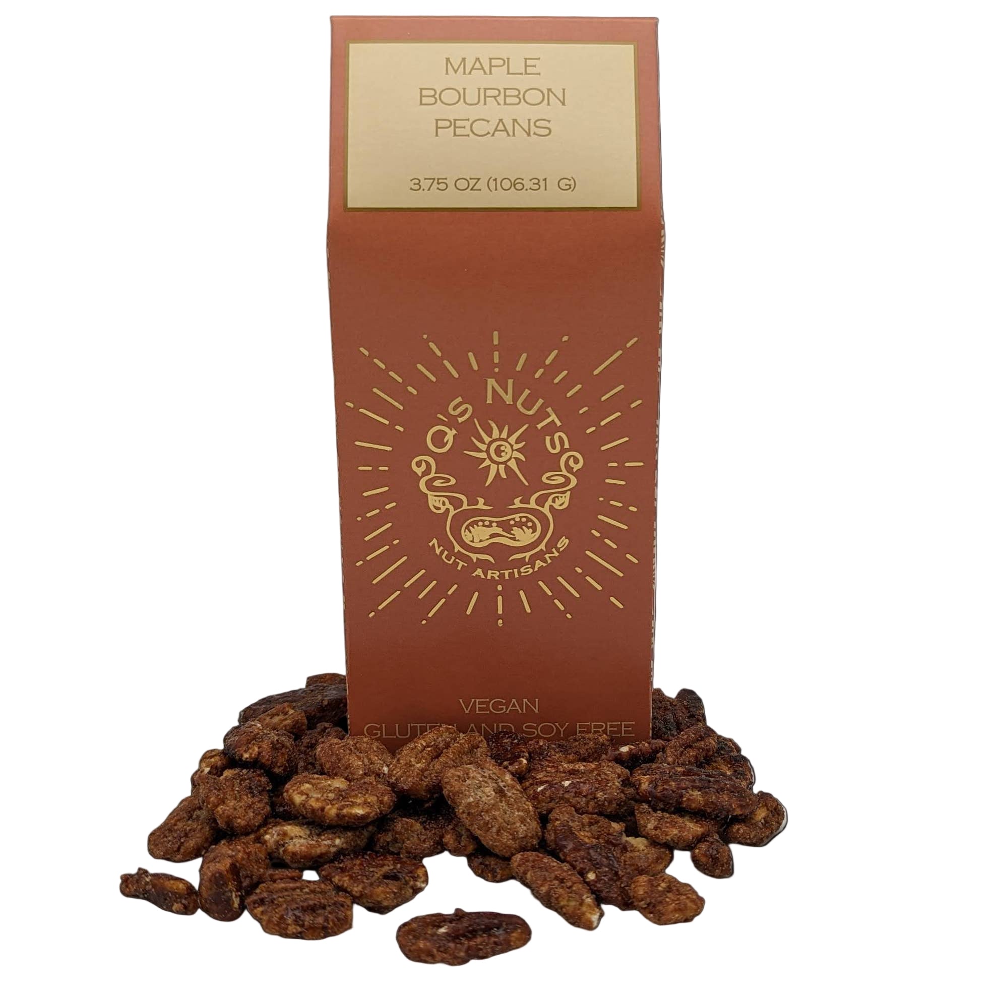 Maple Bourbon Pecans by Q's Nuts, LLC, showing glazed pecans coated with sweet maple and bourbon flavor in a bowl