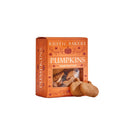 Box of Rustic Bakery Pumpkins cookies with a pumpkin-shaped cookie on a white background