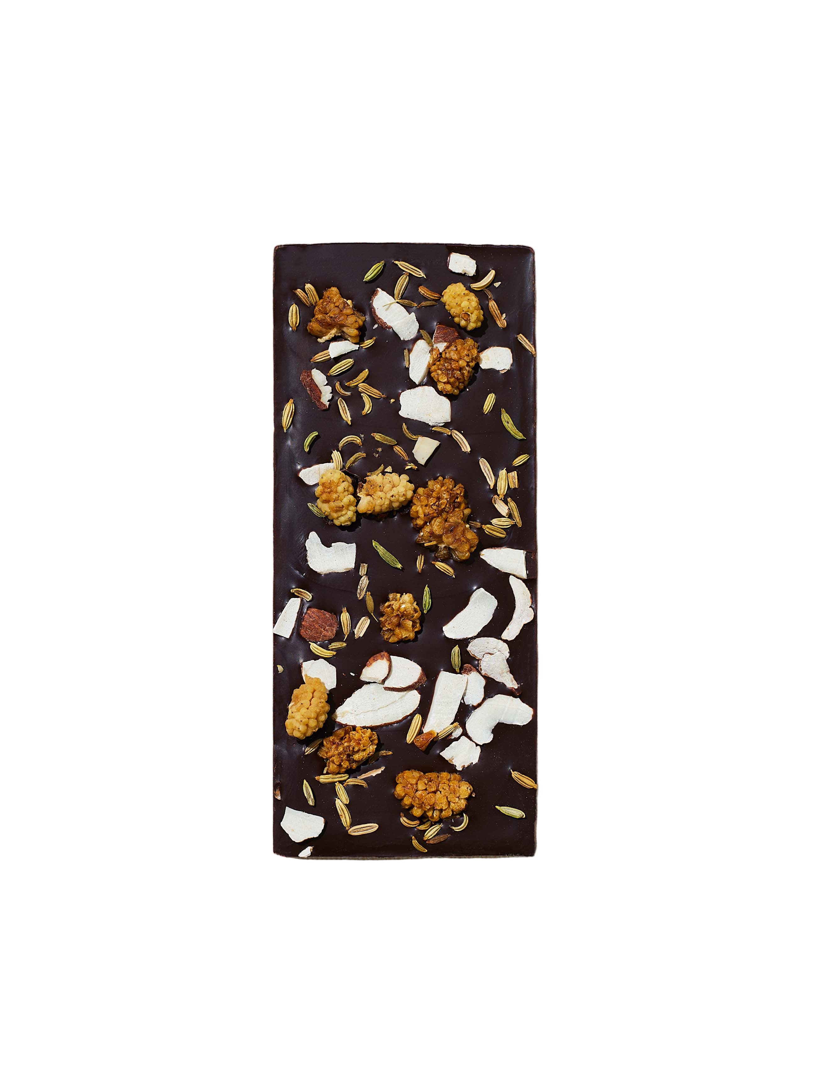 Spring & Mulberry Fennel Date Sweetened Chocolate bar with visible chocolate pieces and fennel seeds on the surface.