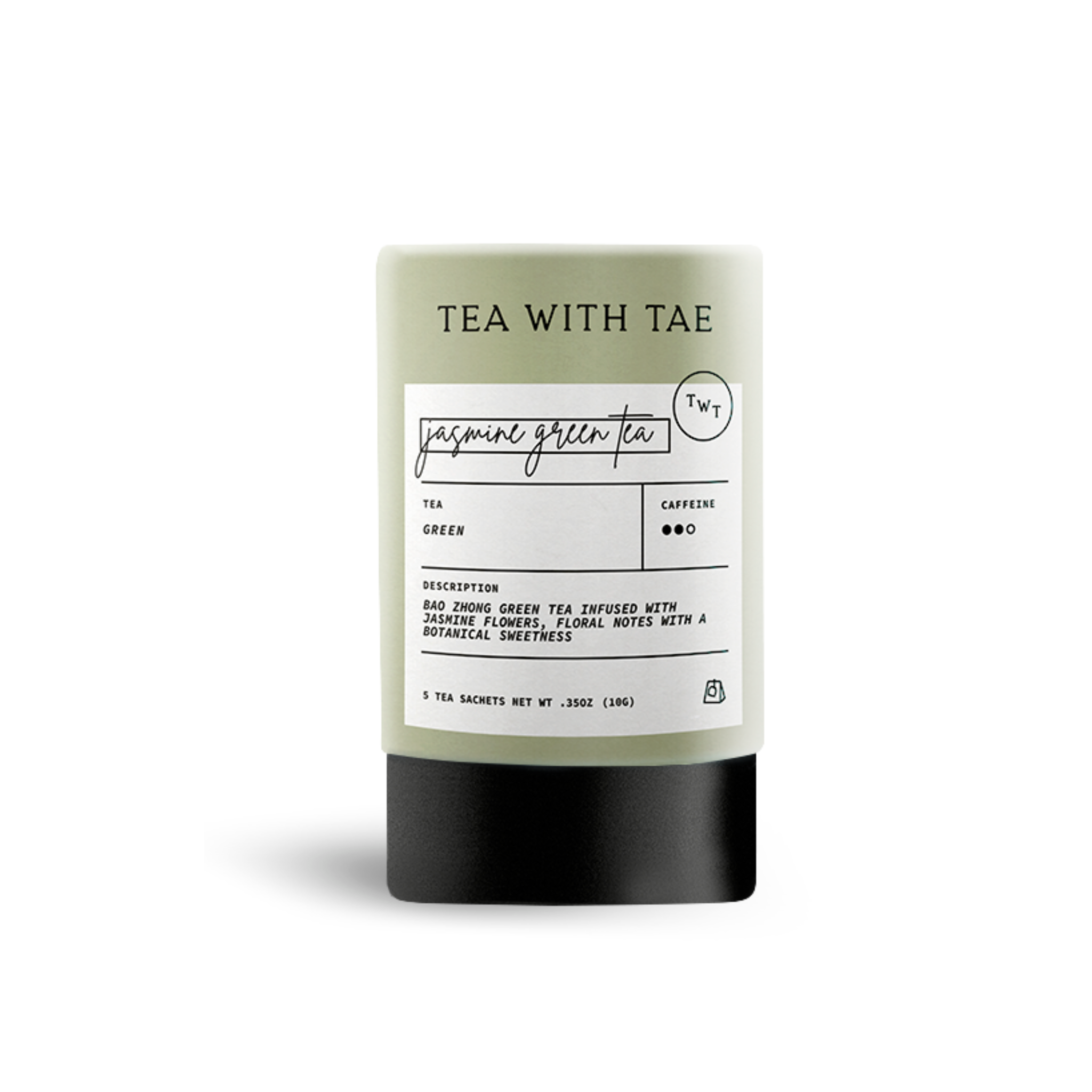 Jasmine Green Tea Mini Tube Gift by Tea with Tae showing five tea bags in a compact, decorative tube for gifting.