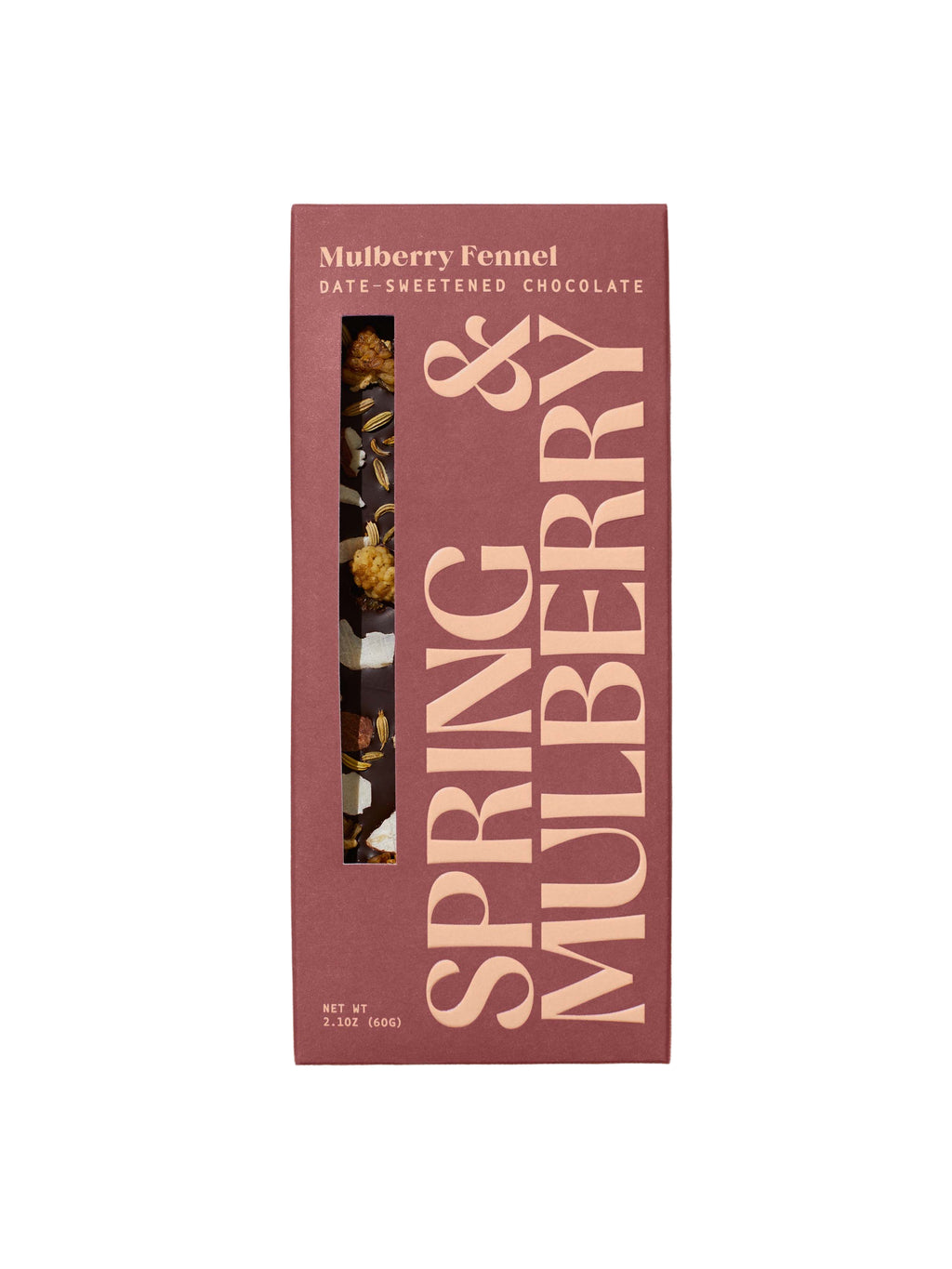 Spring & Mulberry Fennel Date Sweetened Chocolate bar, rich and smooth with visible fennel seeds and a dark chocolate finish.