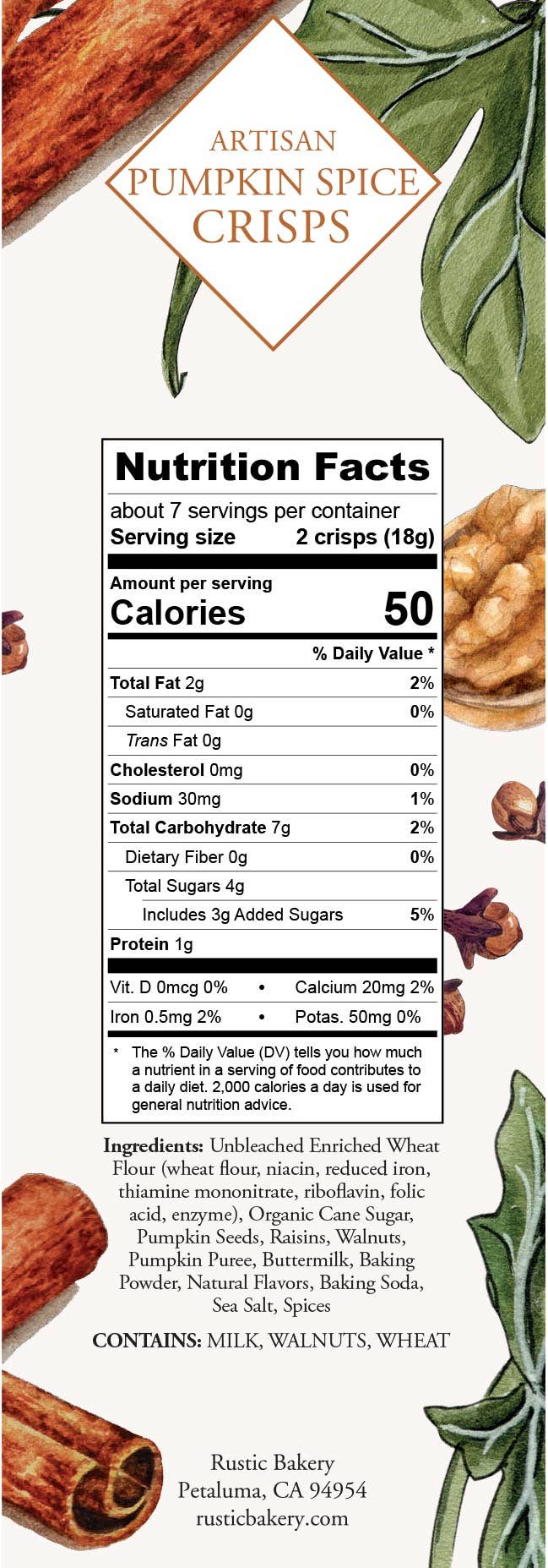 Nutrition facts label for Artisan Pumpkin Spice Crisps with ingredients listed.