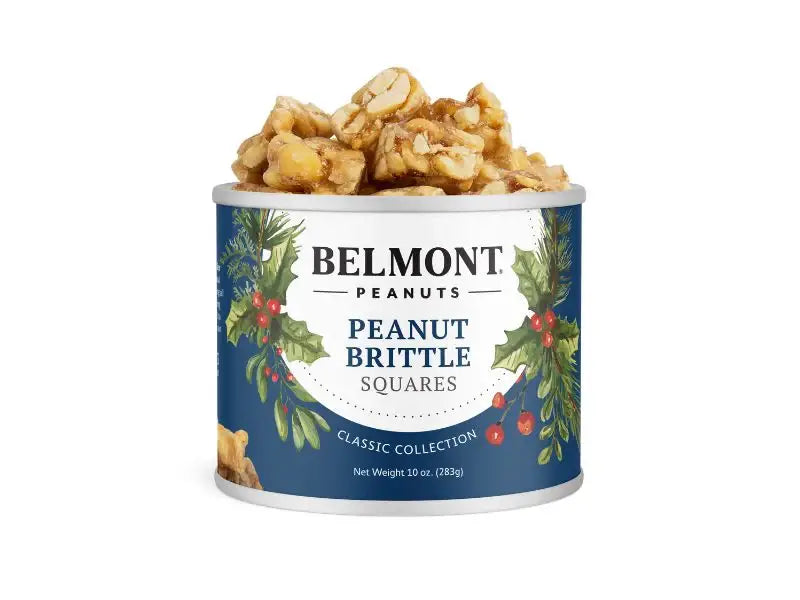 Belmont Peanuts Holiday Peanut Brittle Squares, crunchy snack with caramelized peanut brittle in festive packaging