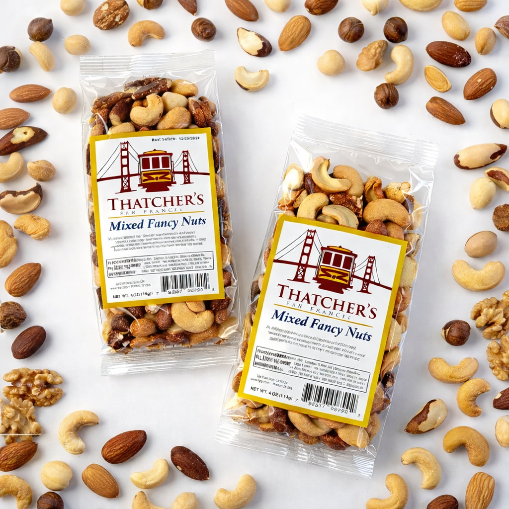 Thatcher's Extra Fancy Mixed Nuts in a 4oz bag, featuring a variety of premium nuts from Thatcher's Gourmet Popcorn.