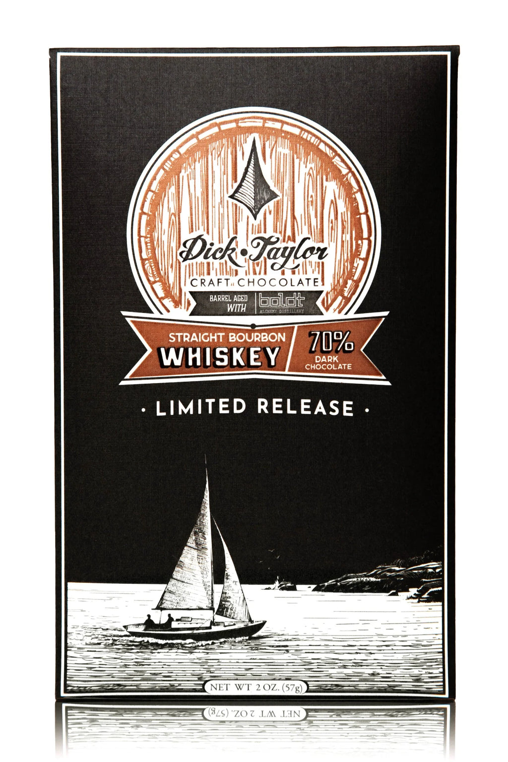 Dick Taylor Limited Edition Straight Bourbon Whiskey dark chocolate bar, rich 70% cacao, crafted by Dick Taylor Craft Chocolate.