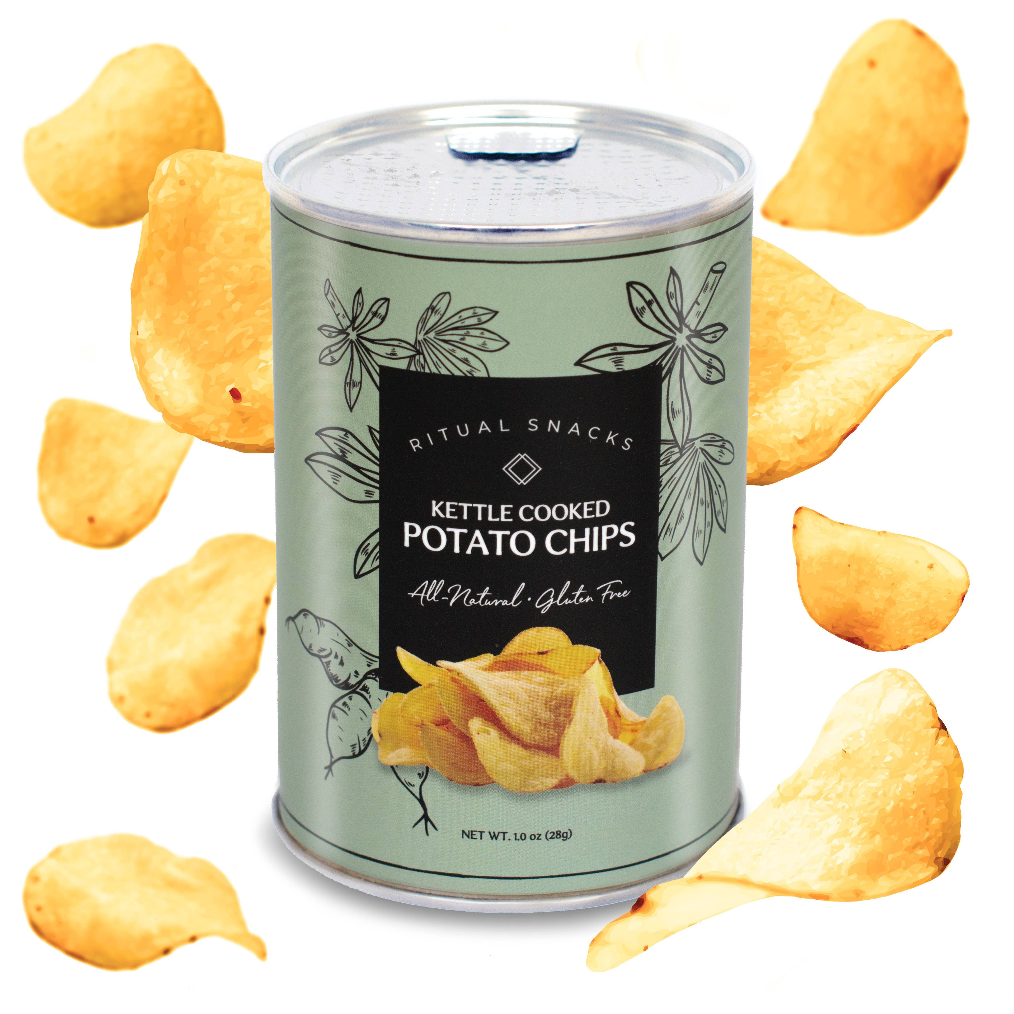 Kettle cooked potato chips by Ritual Snacks, crispy and golden, in a clear bag showing the textured chips.